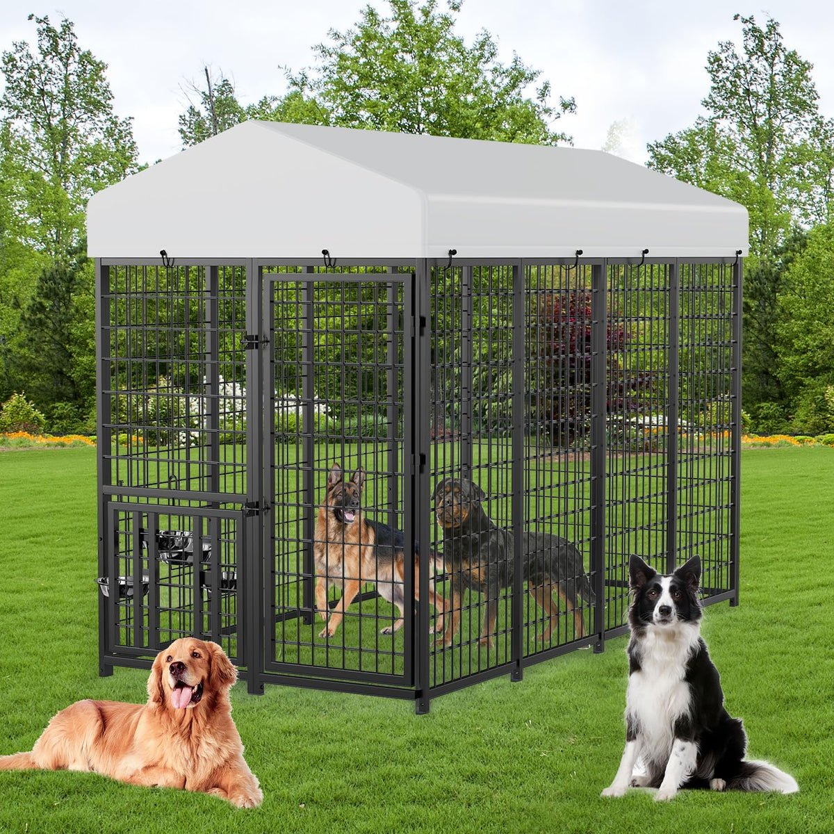 Heavy duty welded steel outdoor dog kennel with rotating bowls