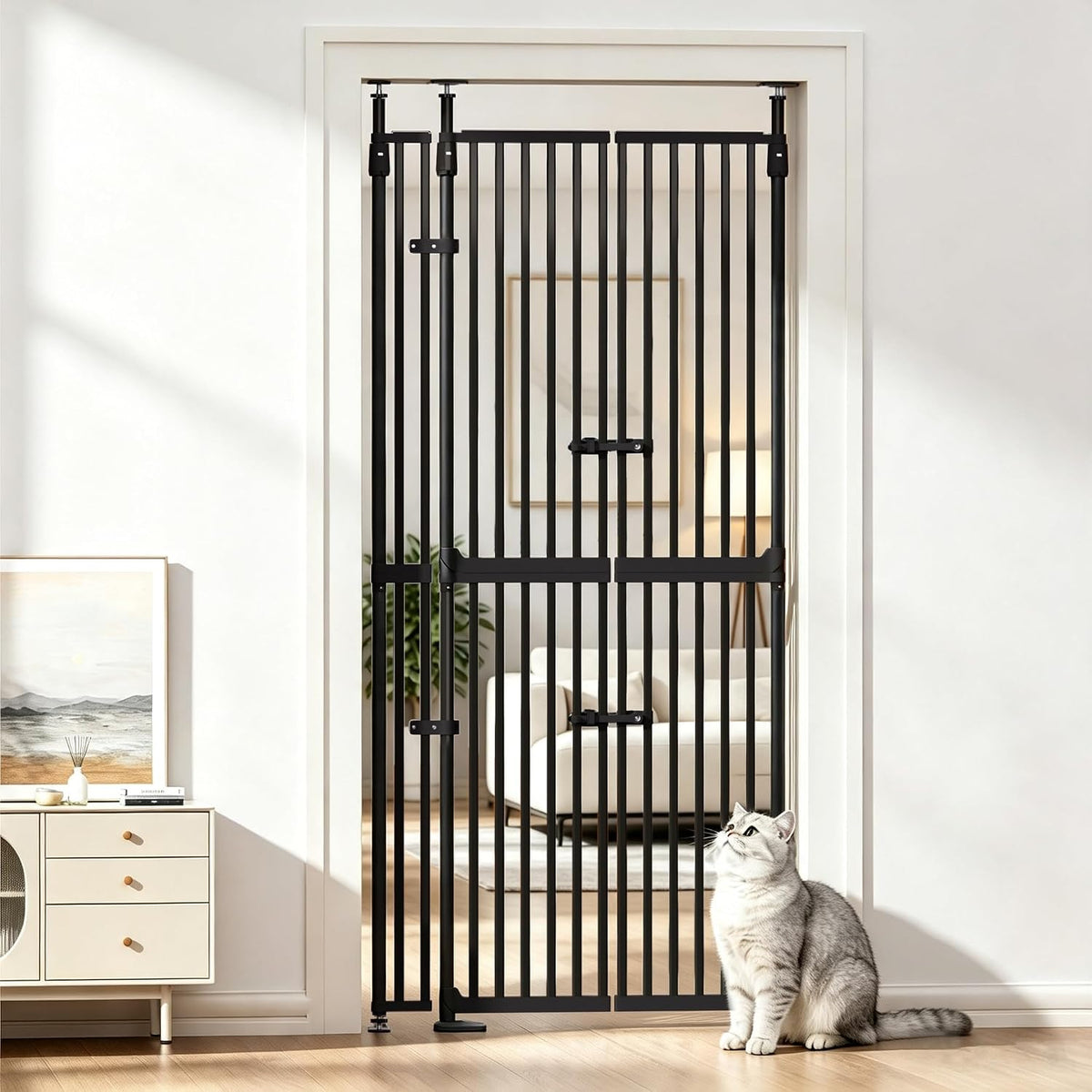 White extra tall cat gate with double door in a doorway – view 2