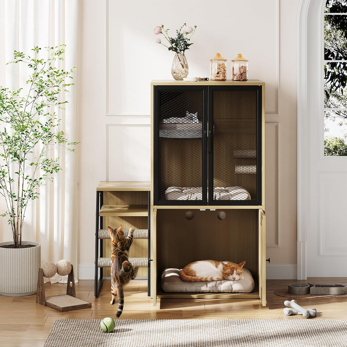 Modern double litter box enclosure cabinet with sisal ladder and mesh door – view 2