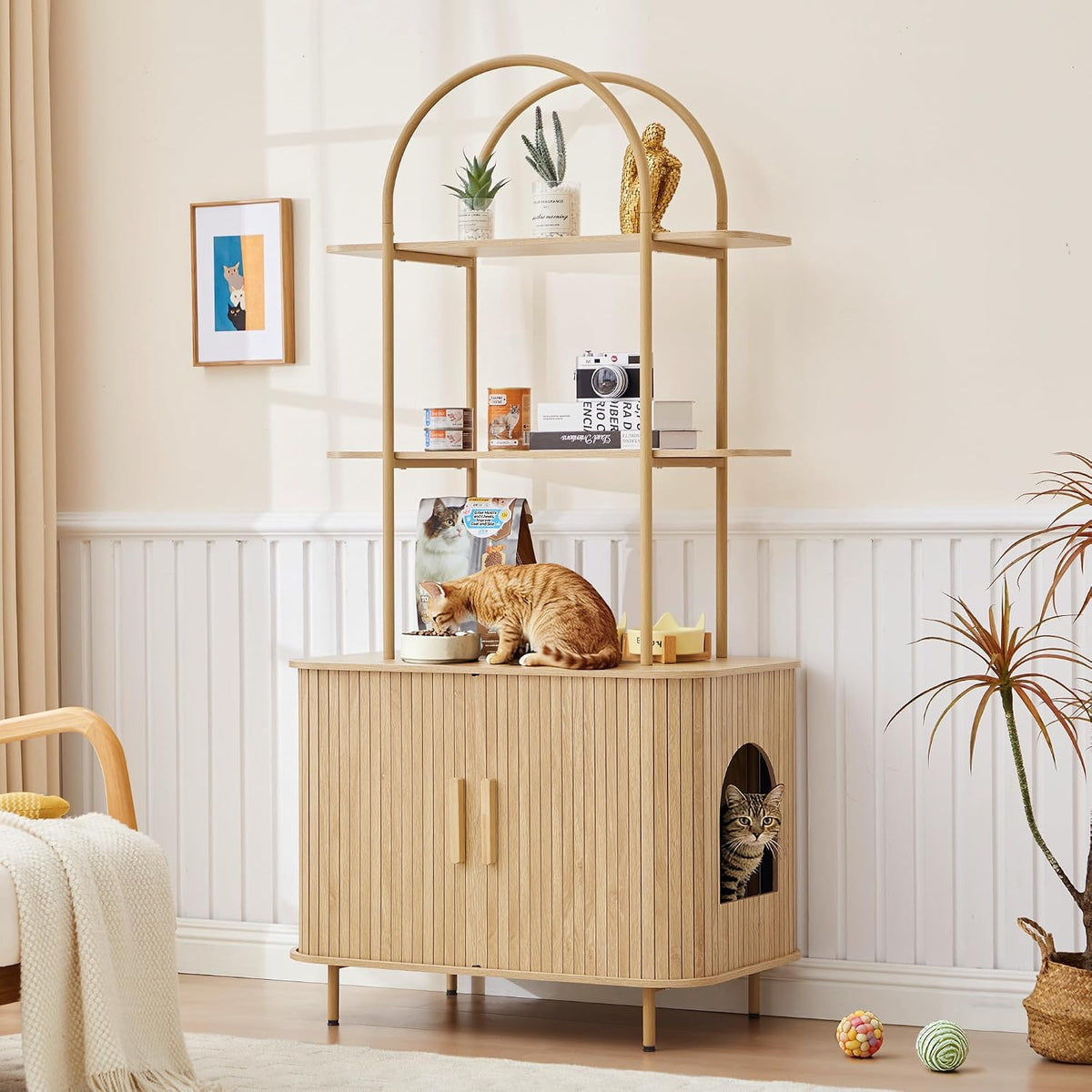 Walnut mid-century double litter box cabinet with sliding doors – view 3
