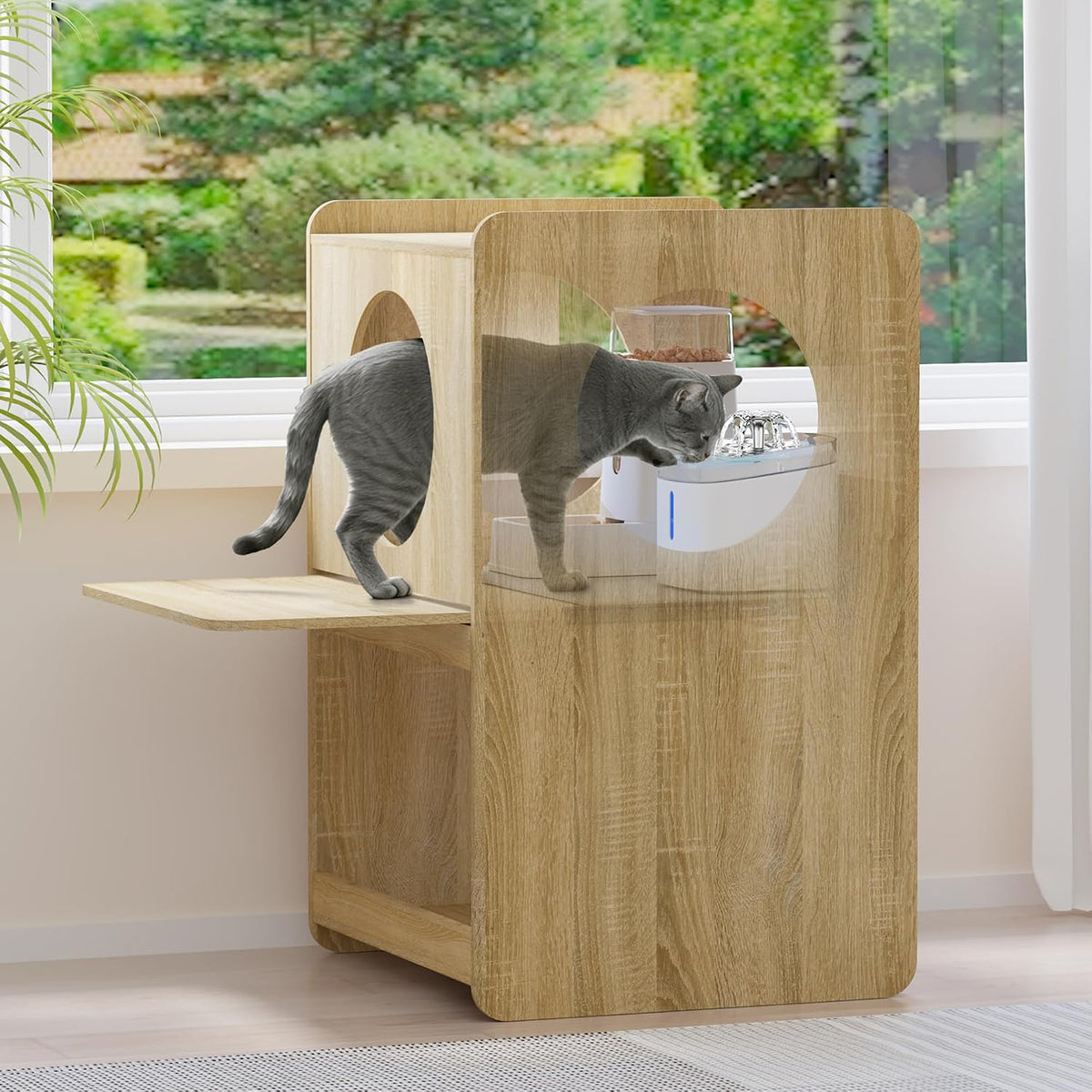 Cat feeding station with water fountain space and window perch