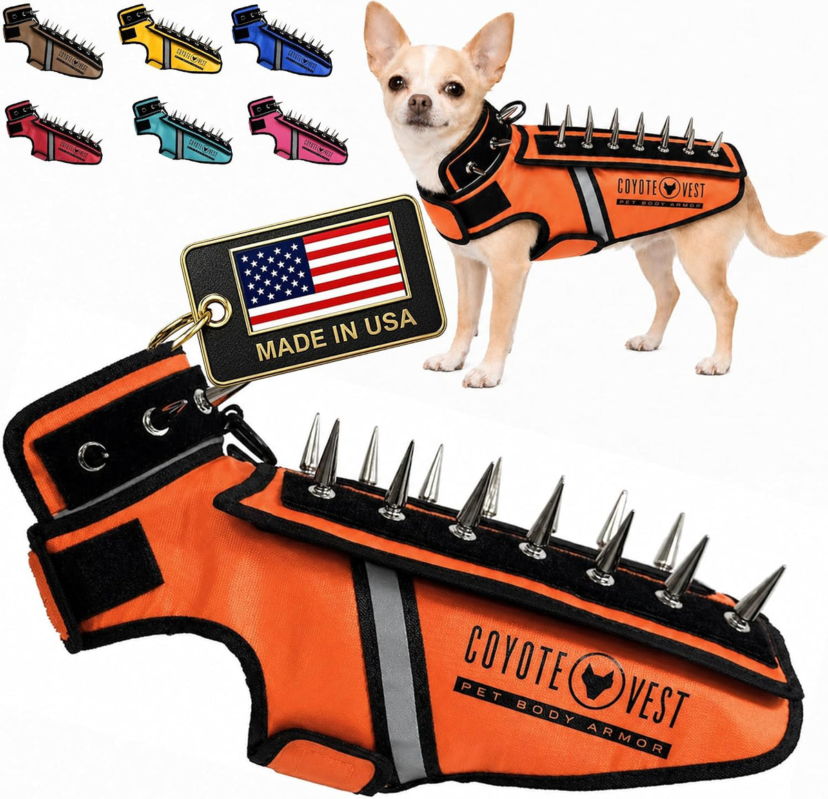 Fluorescent orange stab-resistant small dog harness vest with spike add-on – view 6