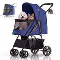 Navy blue foldable four-wheel pet stroller with storage basket