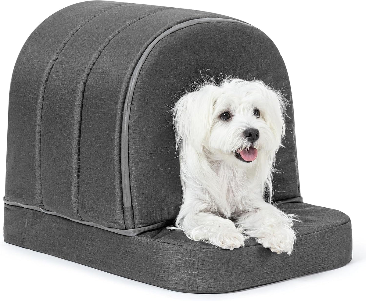 Charcoal covered cave dog bed with tent-style enclosure and open front – view 3