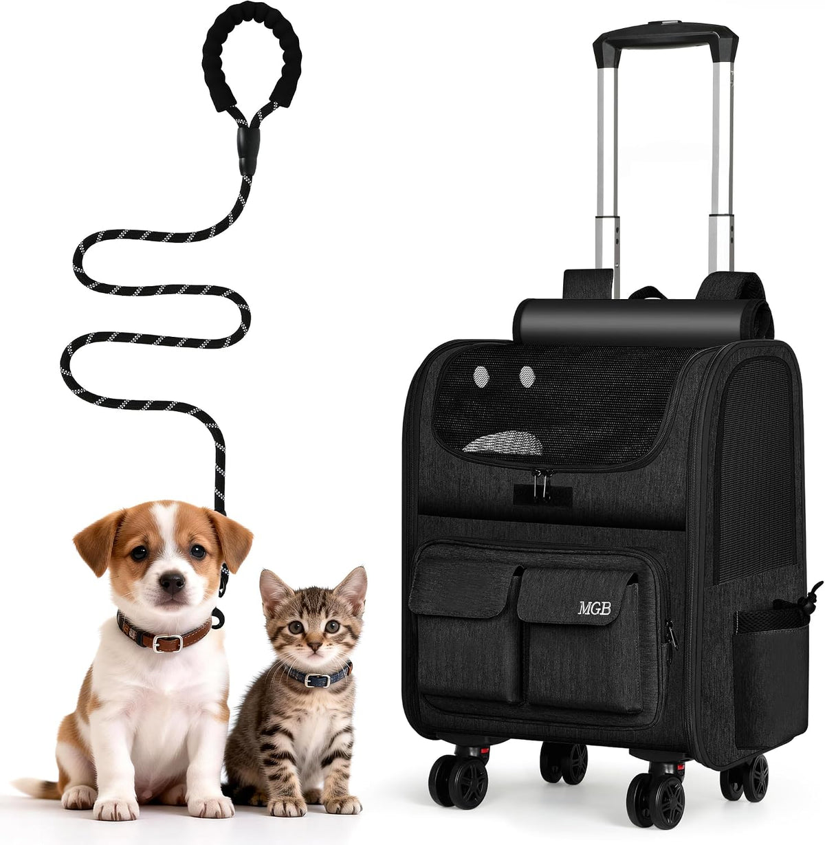 Gray foldable rolling pet carrier with removable wheels – view 3