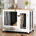 Wooden dog crate end table with a rotating feeder and mesh floor