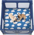 Blue foldable dog playpen with cover and washable floor mat