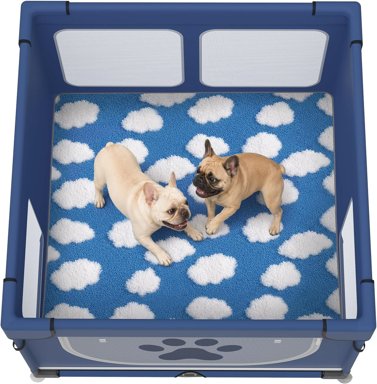 Blue foldable dog playpen with cover and washable floor mat