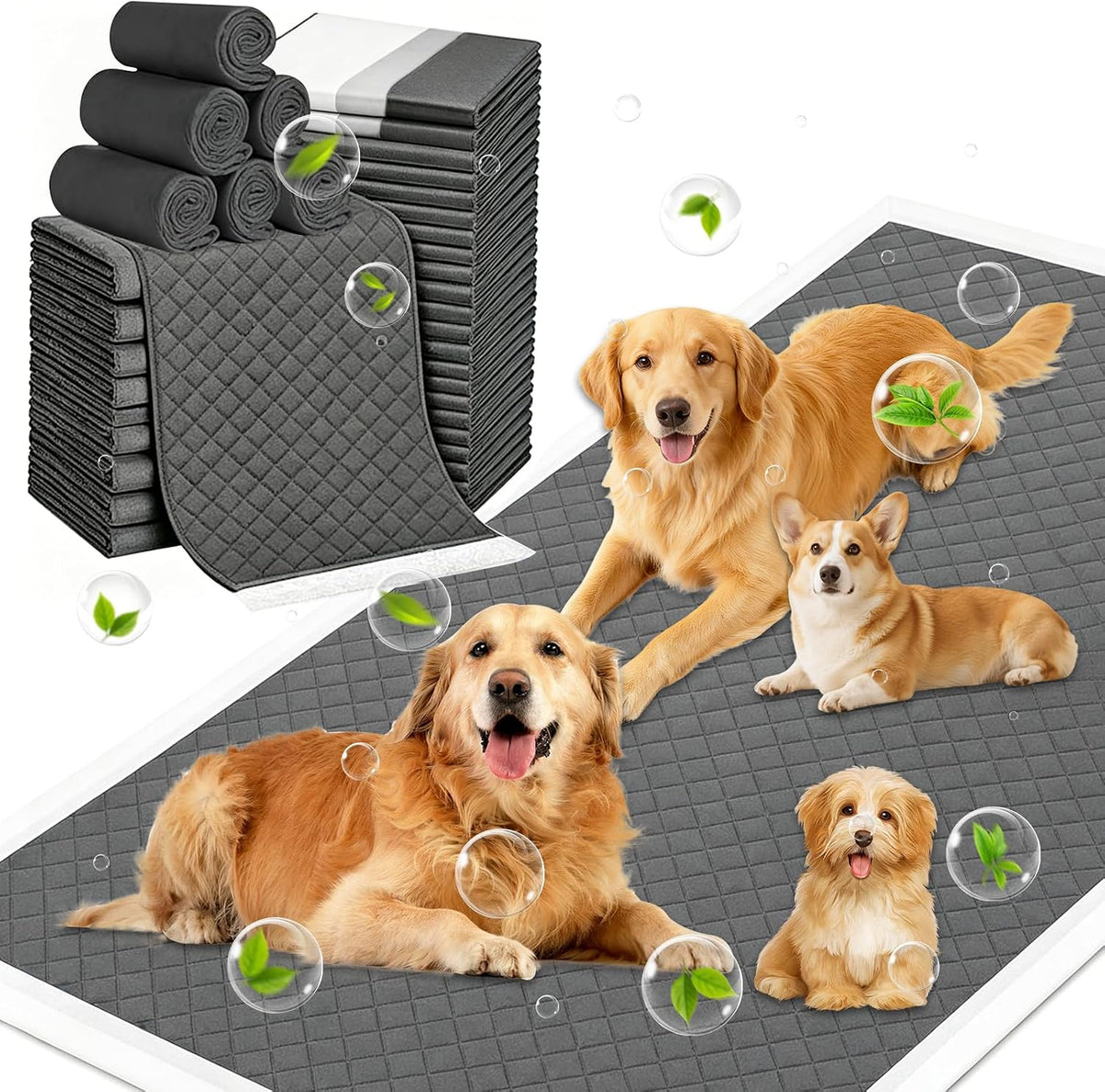 Stack of extra jumbo charcoal dog pee pads, 54 x 37 inch training mats