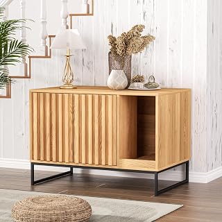 Modern Fluted Litter Box Enclosure with Scratching Mat, Cat House Side End Table, Natural
