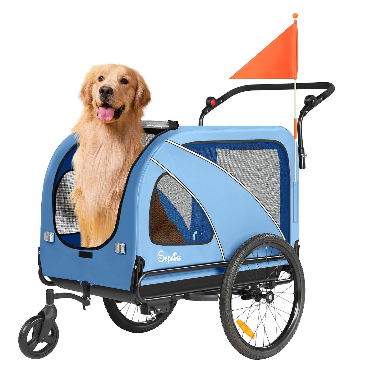 Orange and grey dog bike trailer stroller with mesh doors – view 2