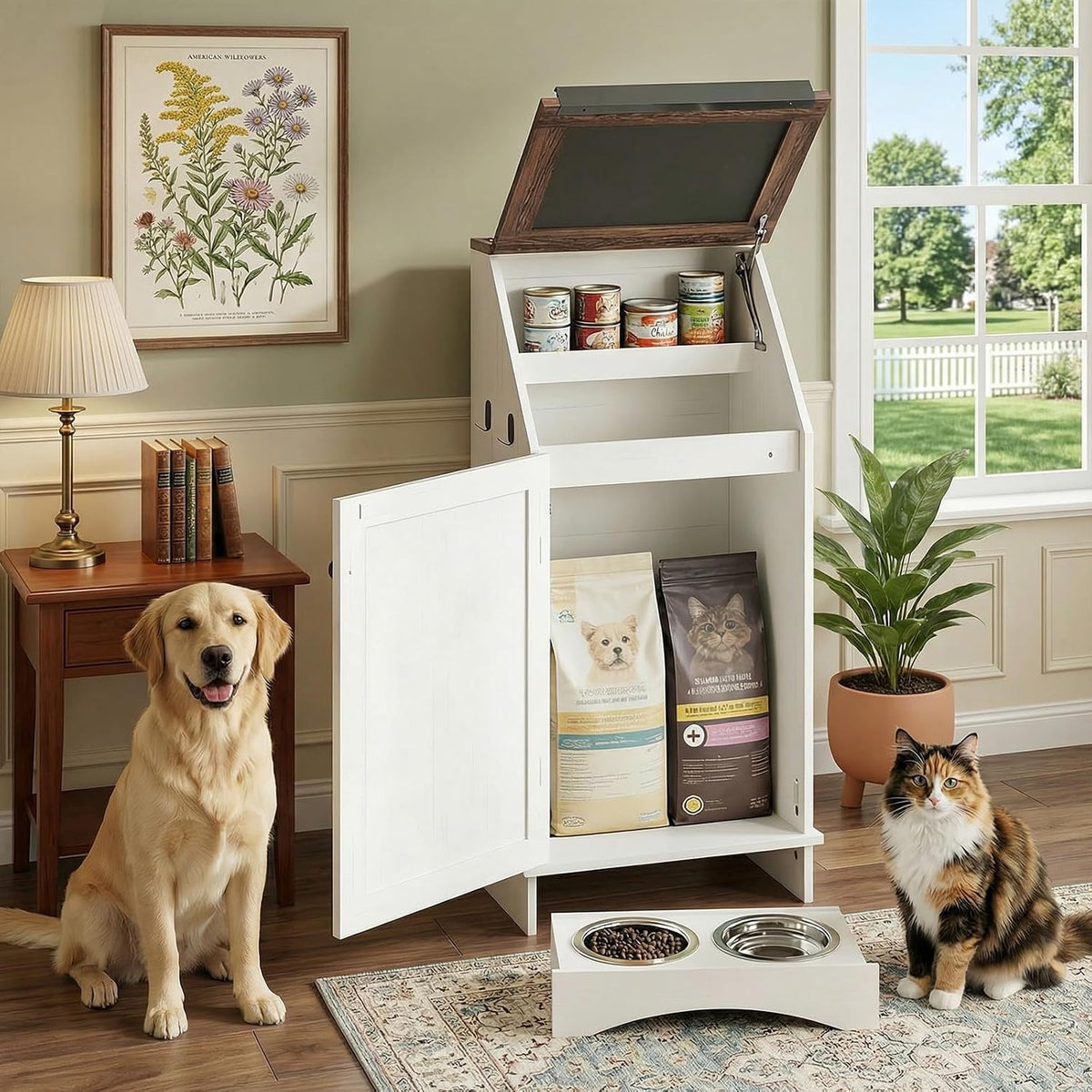 Black pet feeding station cabinet with two elevated bowls – view 2