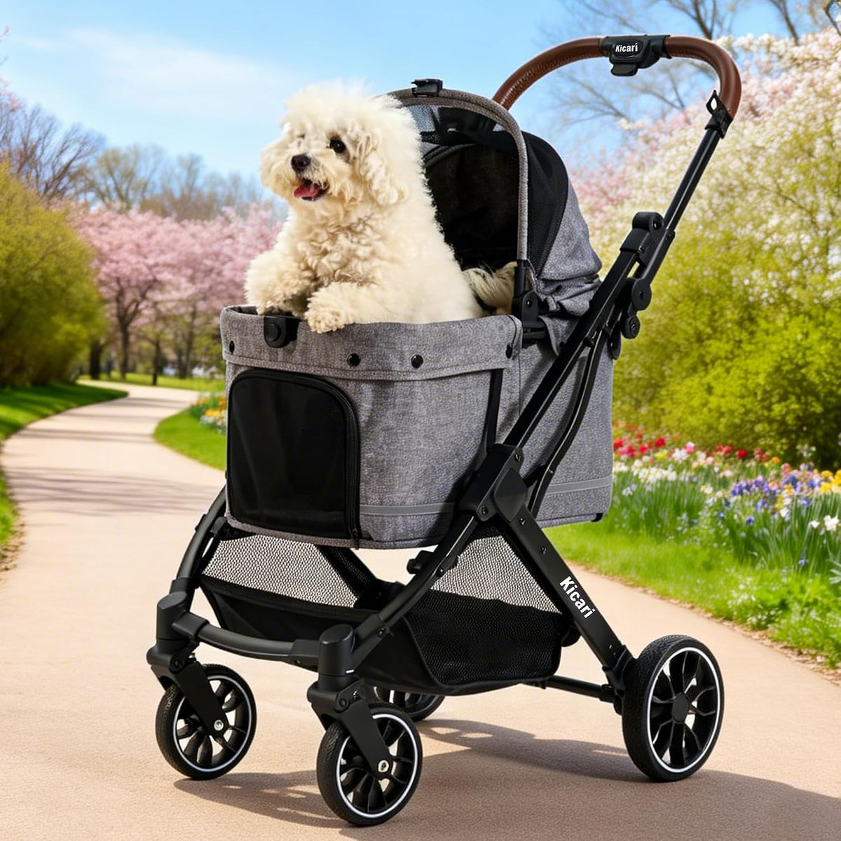 Black all-terrain dog stroller with double-layer canopy and mesh sides – view 3