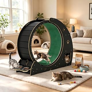 Indoor Cat Exercise Wheel, Large Quiet Treadmill with Food Bowls, Black