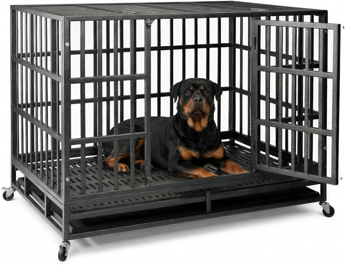 Heavy duty black steel dog crate with two doors, locking wheels and pull-out tray