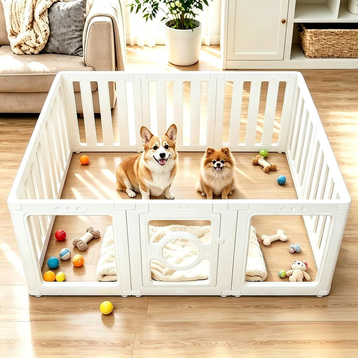 Ten-panel puppy playpen with door and suction cup feet on a wood floor