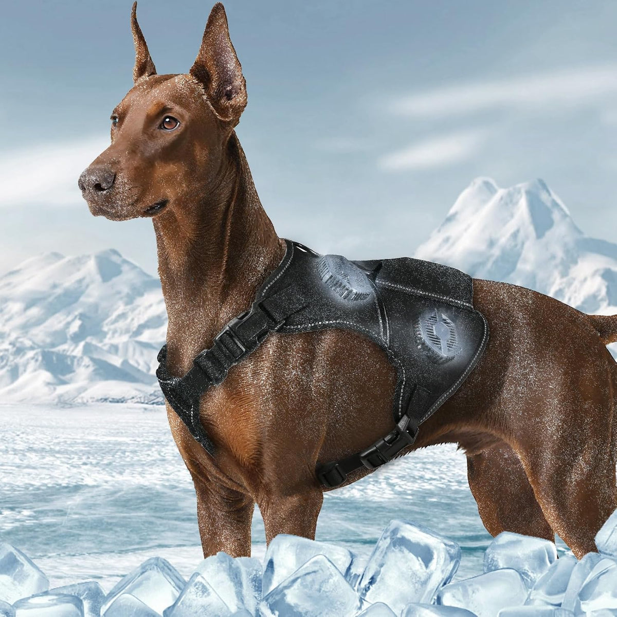 Black XL dog vest harness with a thermal module and detachable battery