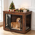 Rustic brown wooden dog crate end table with lamp on top