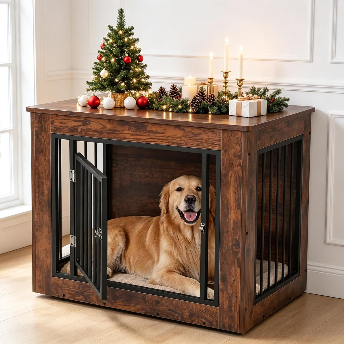 Rustic brown wooden dog crate end table with lamp on top