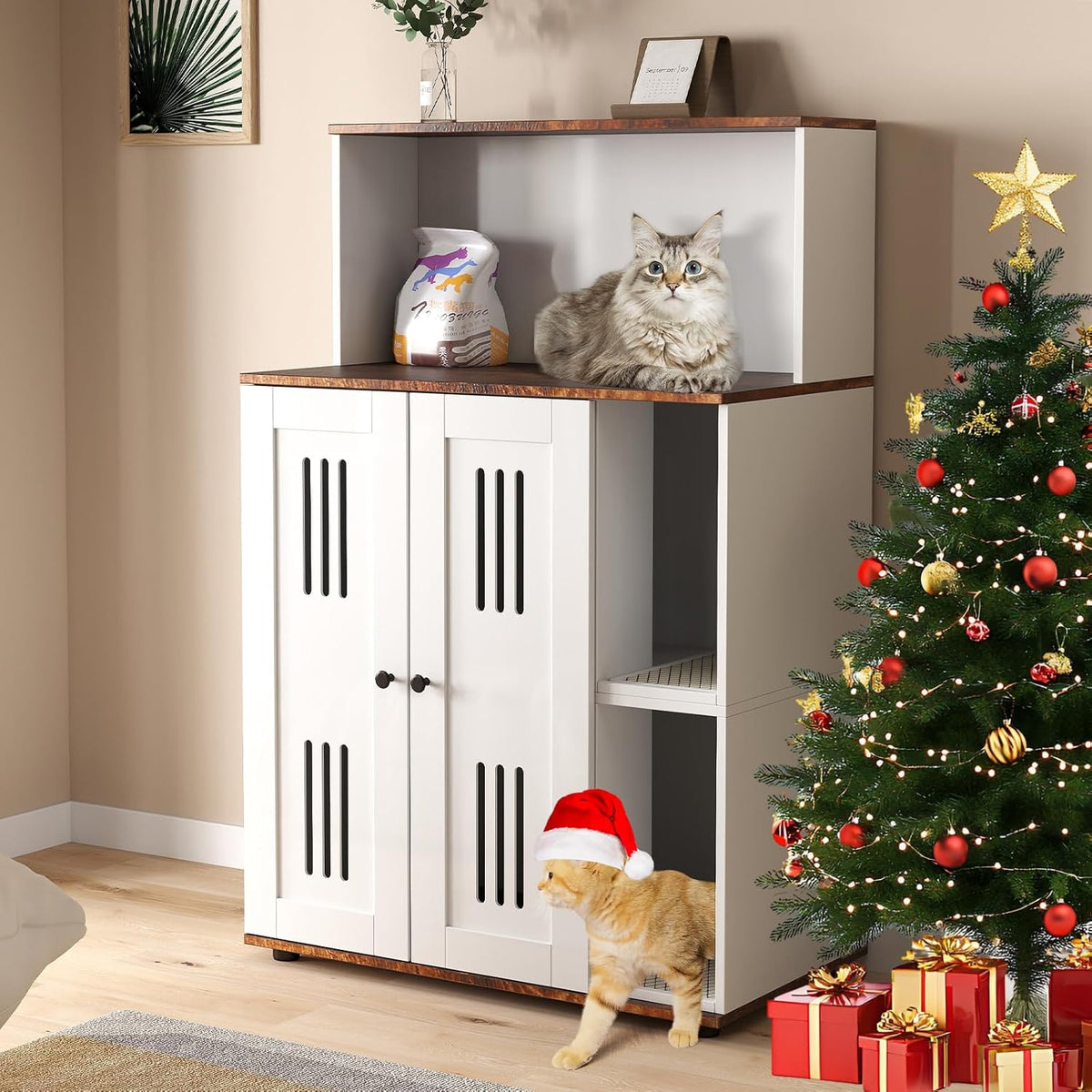 White double litter box enclosure cabinet with shelf for two cats