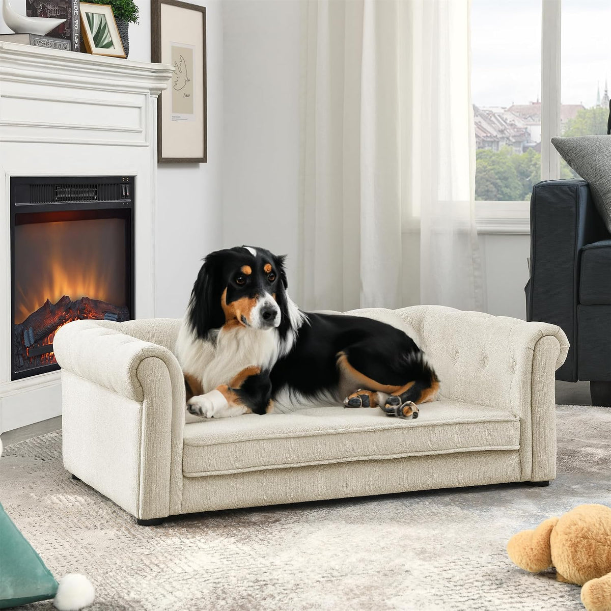 Blue 38.9 inch button-tufted upholstered dog sofa with curved armrests – view 2