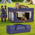 Blue and yellow foldable fabric dog playpen with mesh walls and top cover