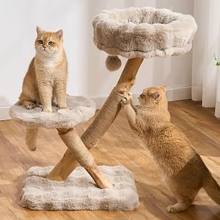 Natural Wood Cat Tree for Large Adult Indoor Cats, 33in Tower with Plush Bed, Perch, Sisal Posts and Hanging Ball, Soft Khaki
