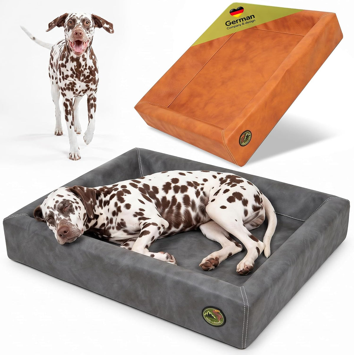 Toffee faux leather bolster dog bed with memory foam base – view 2