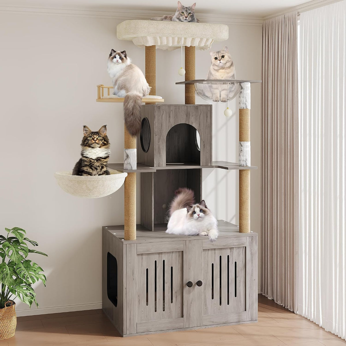 Multi-level cat tree with enclosed litter box cabinet, sisal scratching posts, hammock and top perch – view 2