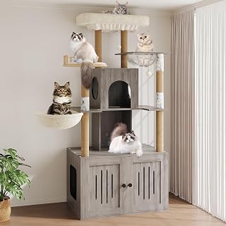 Modern Cat Tree Tower with Hidden Litter Box Enclosure and Hammock, Multi-Level, Gray