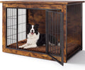 Walnut wooden dog crate side table with double doors and cushion