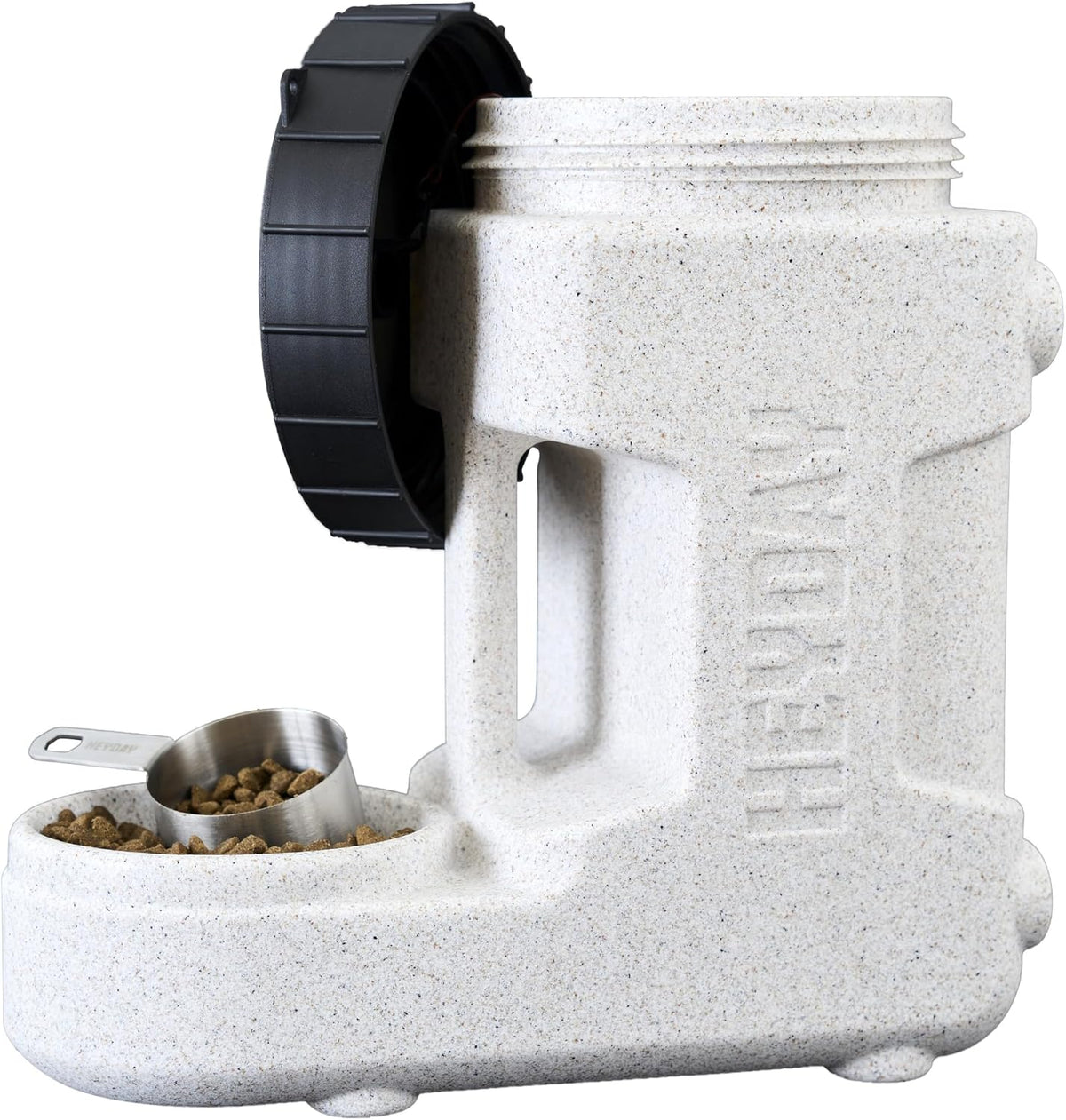 Granite rotomolded dog food storage container with built-in bowl and lid