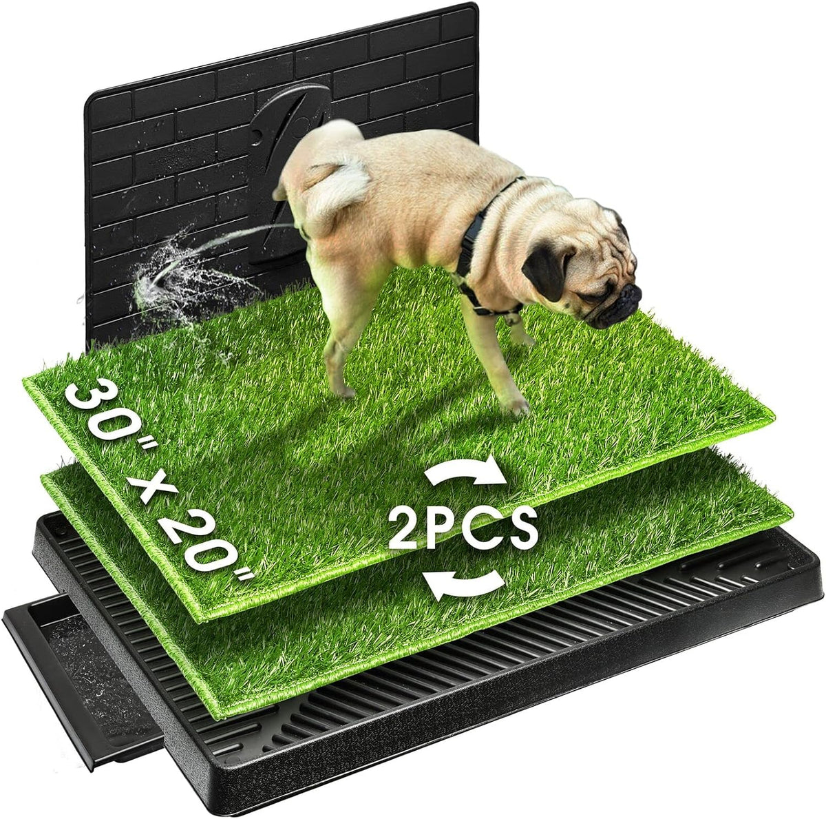 Dog potty tray with artificial grass patch and pee baffle wall