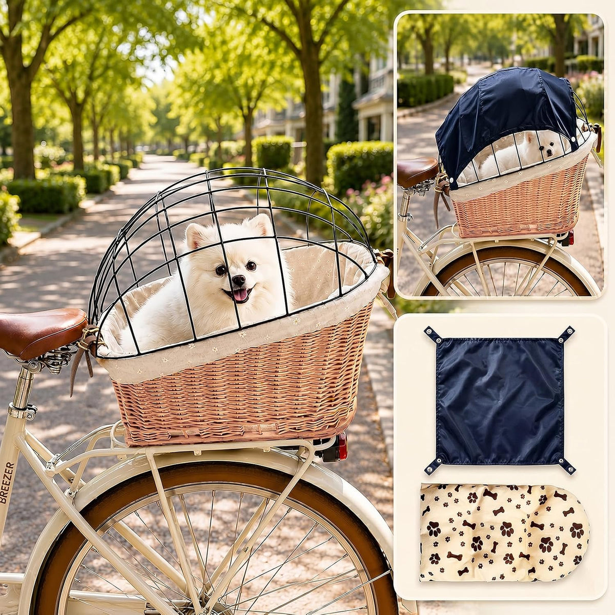 Brown woven willow dog bike basket with canopy mounted on a rear rack