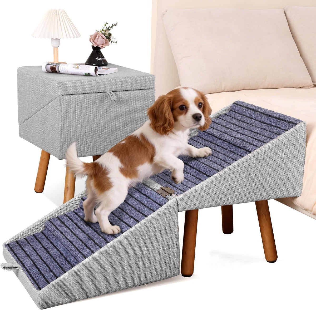 Wooden dog stairs beside a high bed doubling as a nightstand