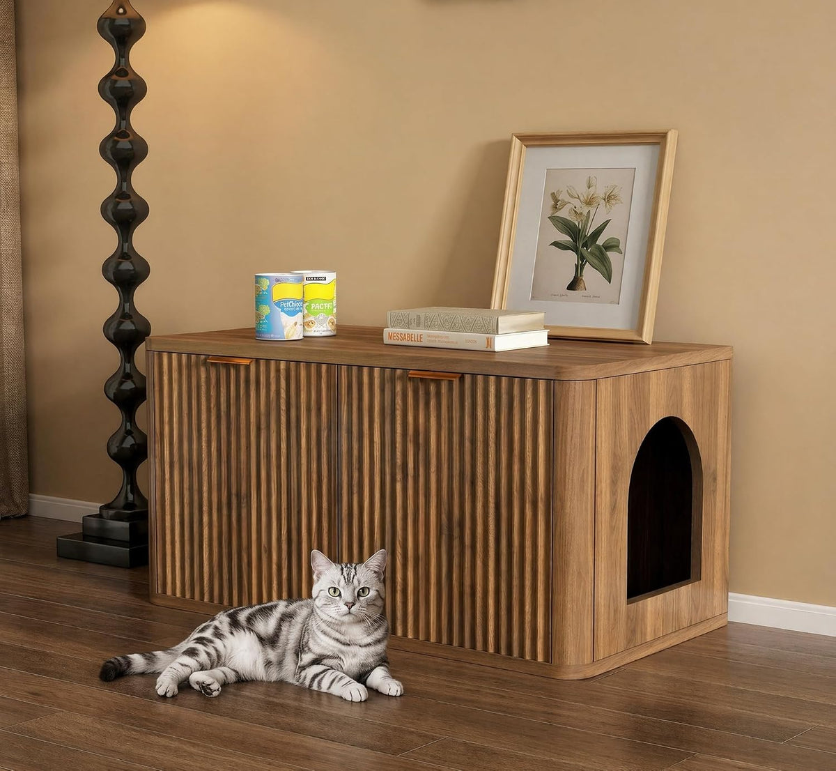 Walnut fluted mid-century end table that hides a cat litter box
