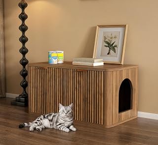 Echo Voyage 31.5 Inch Walnut Cat Litter Box Enclosure Furniture, Fluted Mid-Century Modern End Table