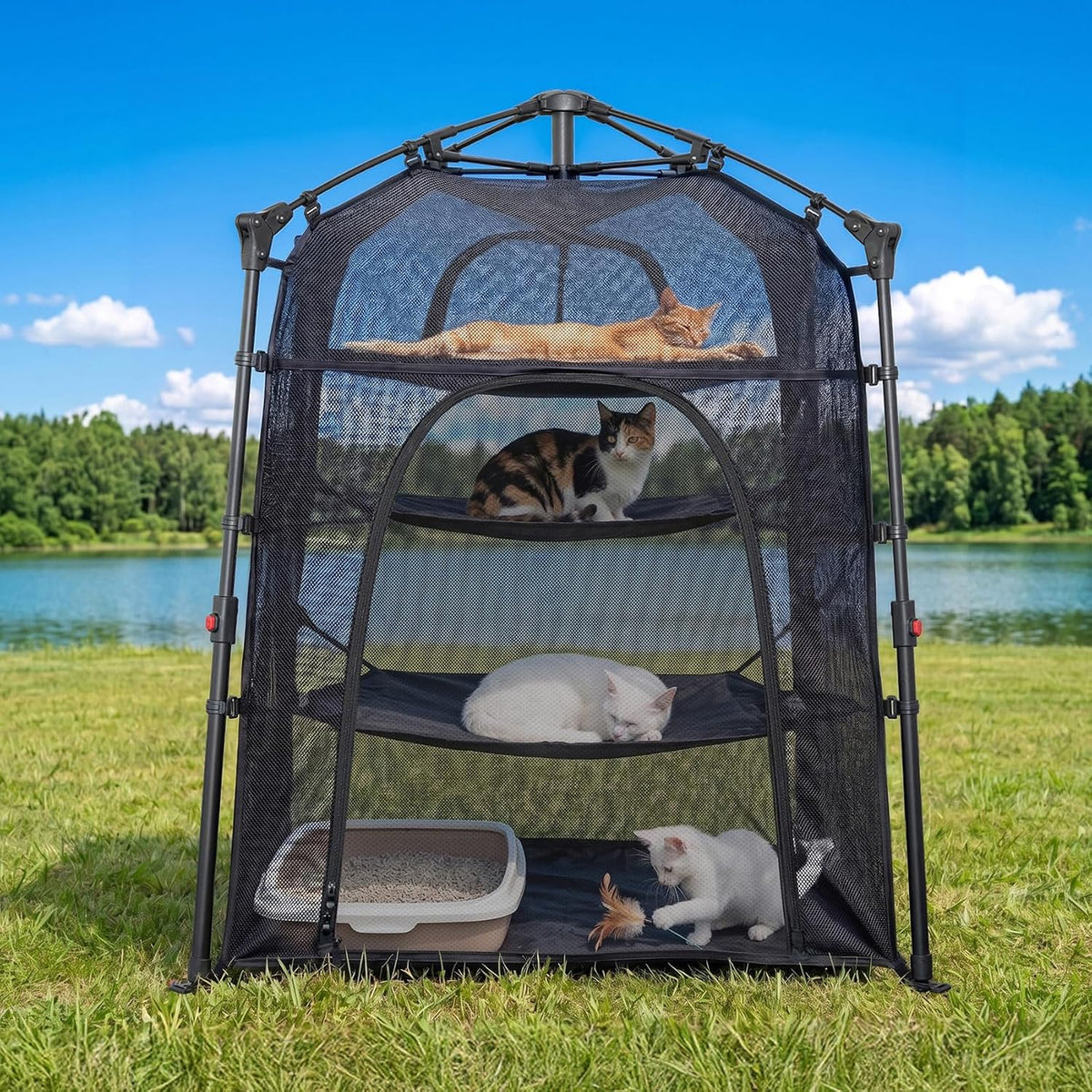 Pop-up mesh cat enclosure tent set up on a patio with a cat inside