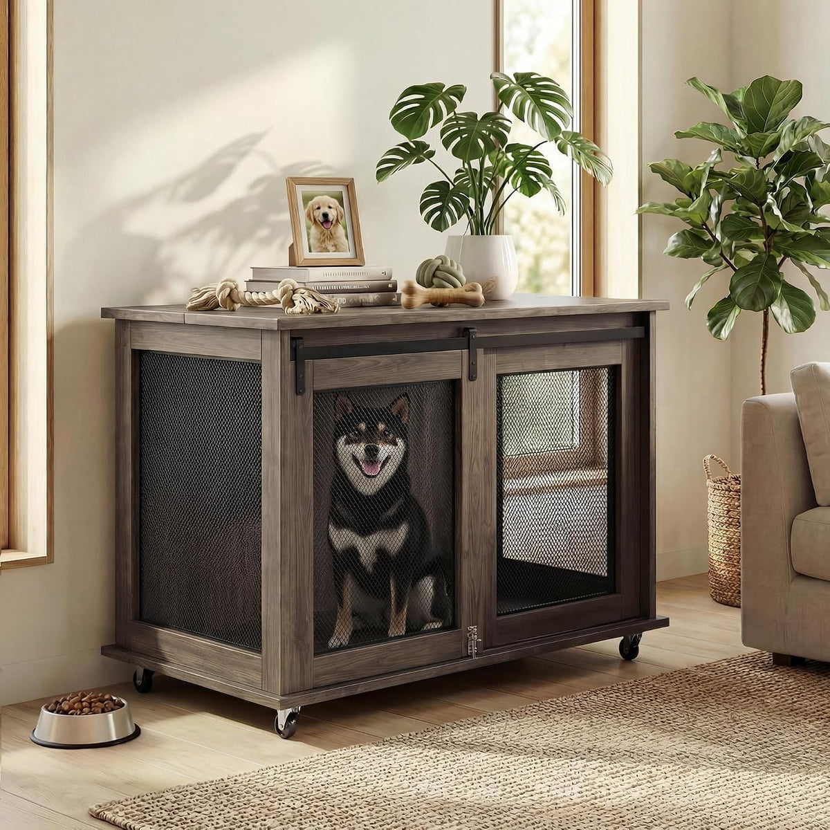 Grey heavy duty wooden dog crate furniture with two doors