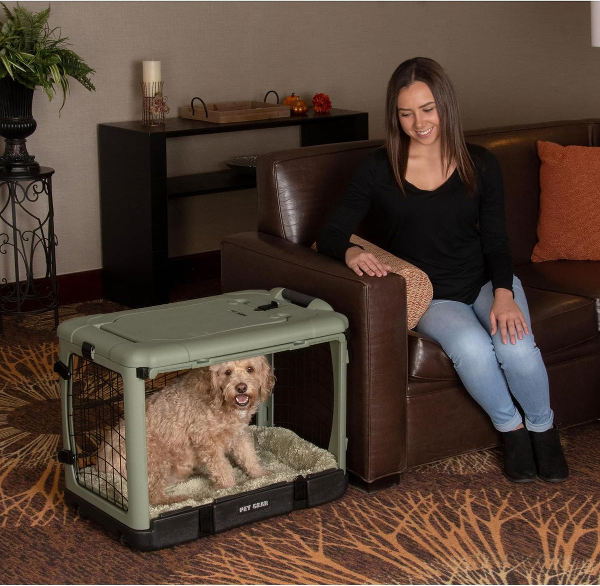 Willow green four door steel pet crate with sliding front door