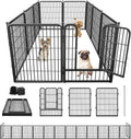 Black ten panel metal dog playpen set up in a yard