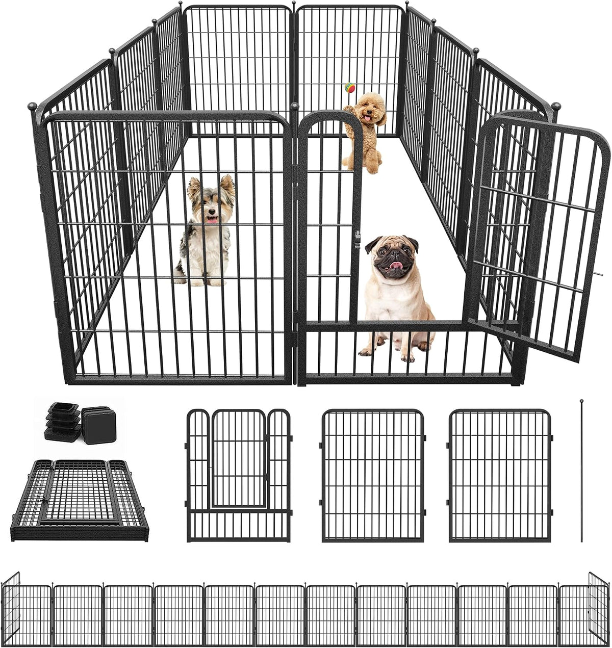 Black ten panel metal dog playpen set up in a yard