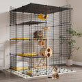 Black 4-tier metal mesh cat enclosure with platforms