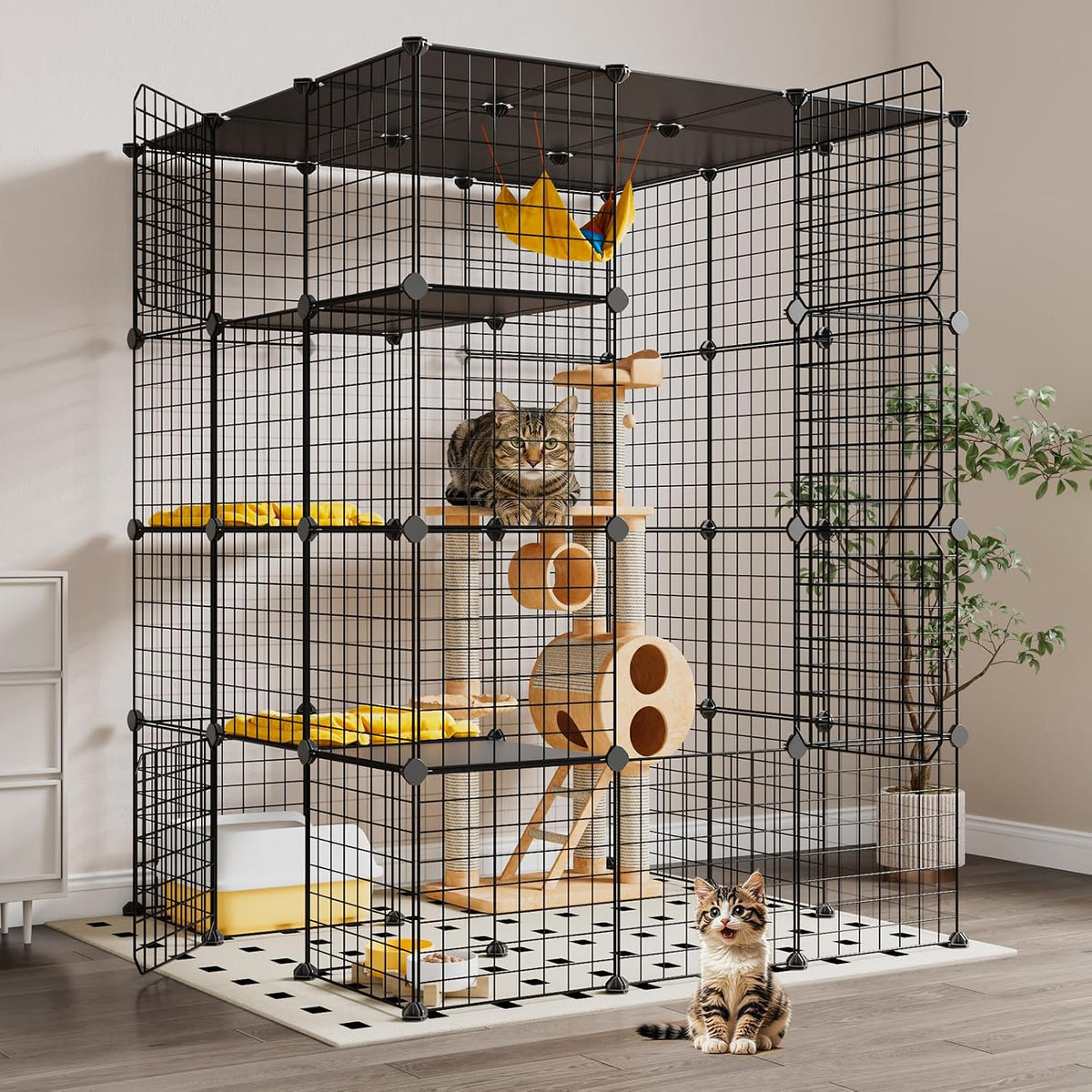 Black 4-tier metal mesh cat enclosure with platforms