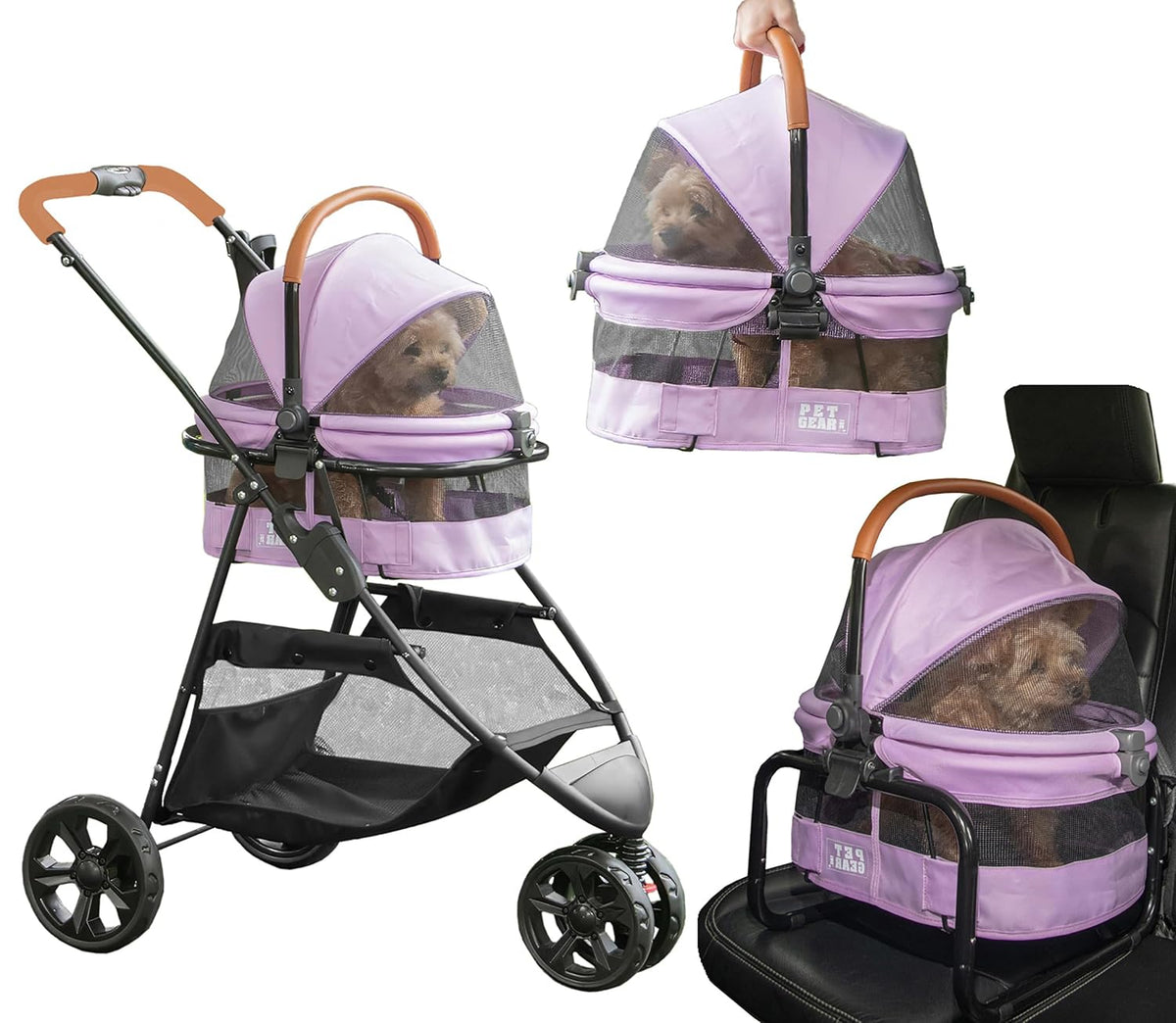 Pink three wheel pet stroller with removable carrier – view 2