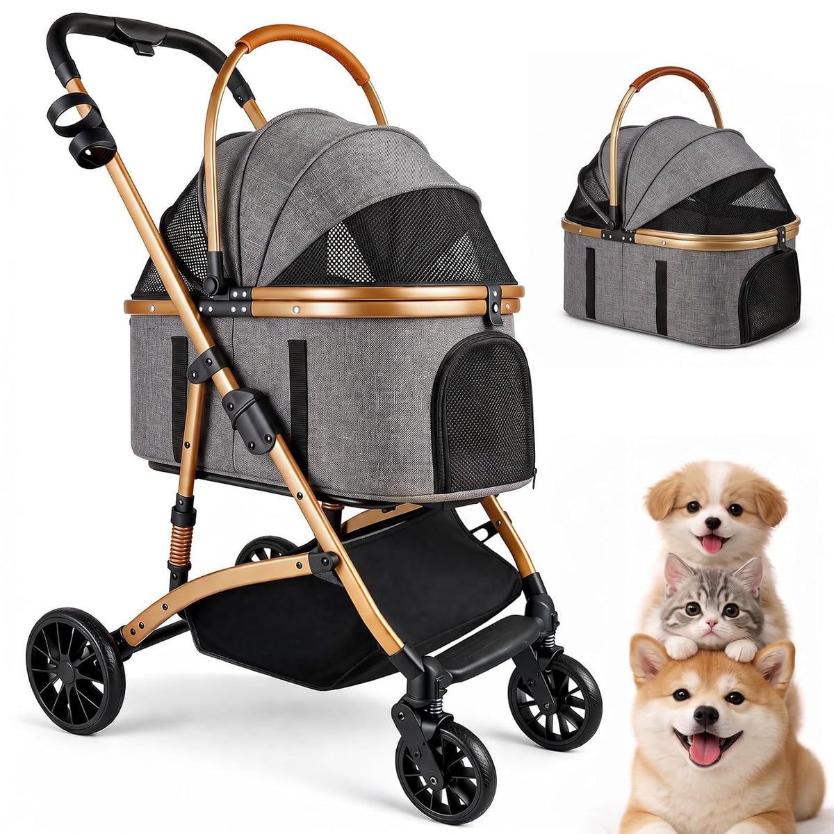Gray 3-in-1 pet stroller with detachable carrier and rain cover