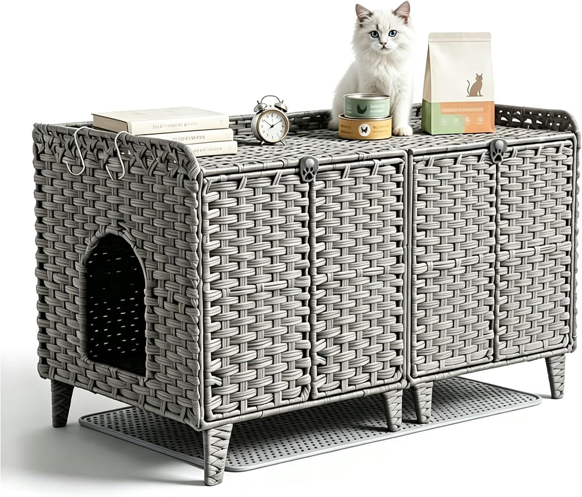 Rattan double-room cat litter box enclosure cabinet with airflow vents – view 2