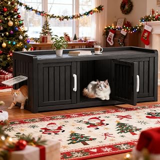 Cat Litter Box Enclosure for 2 Cats, Resin Washroom Furniture with Decorated Doors and End Table, Black, Left-Side Entry