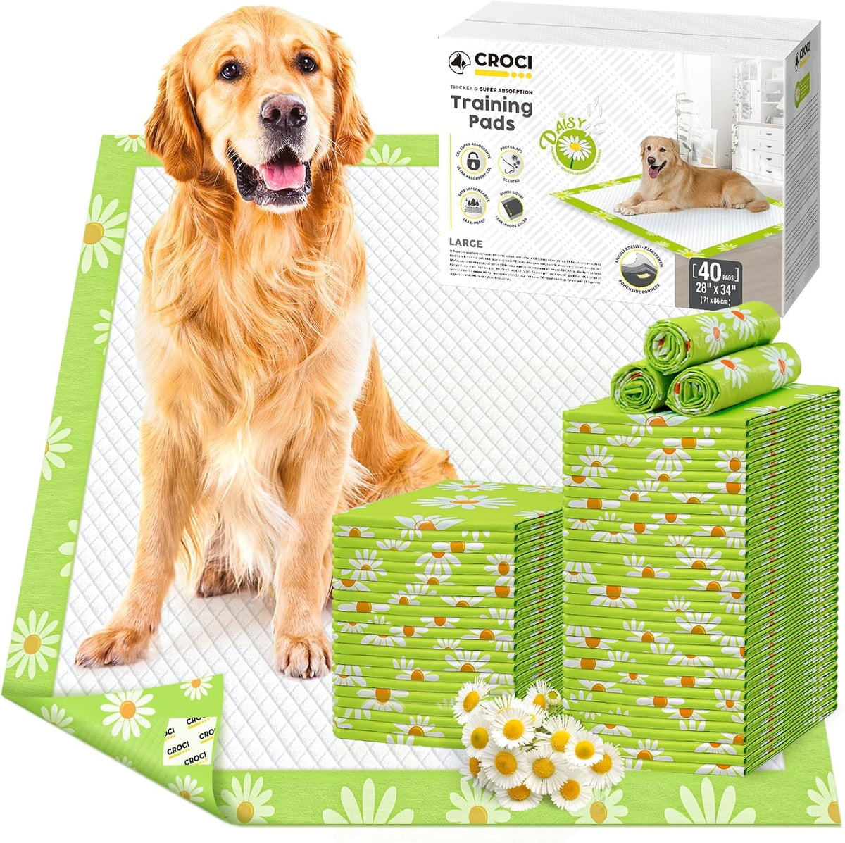 Extra large green daisy print puppy pad with adhesive corner tabs – view 4