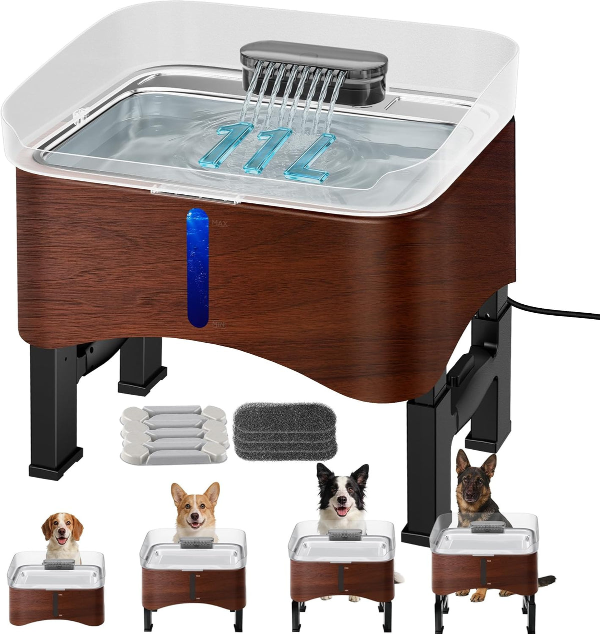 Elevated wood-finish dog water fountain with stainless steel tray